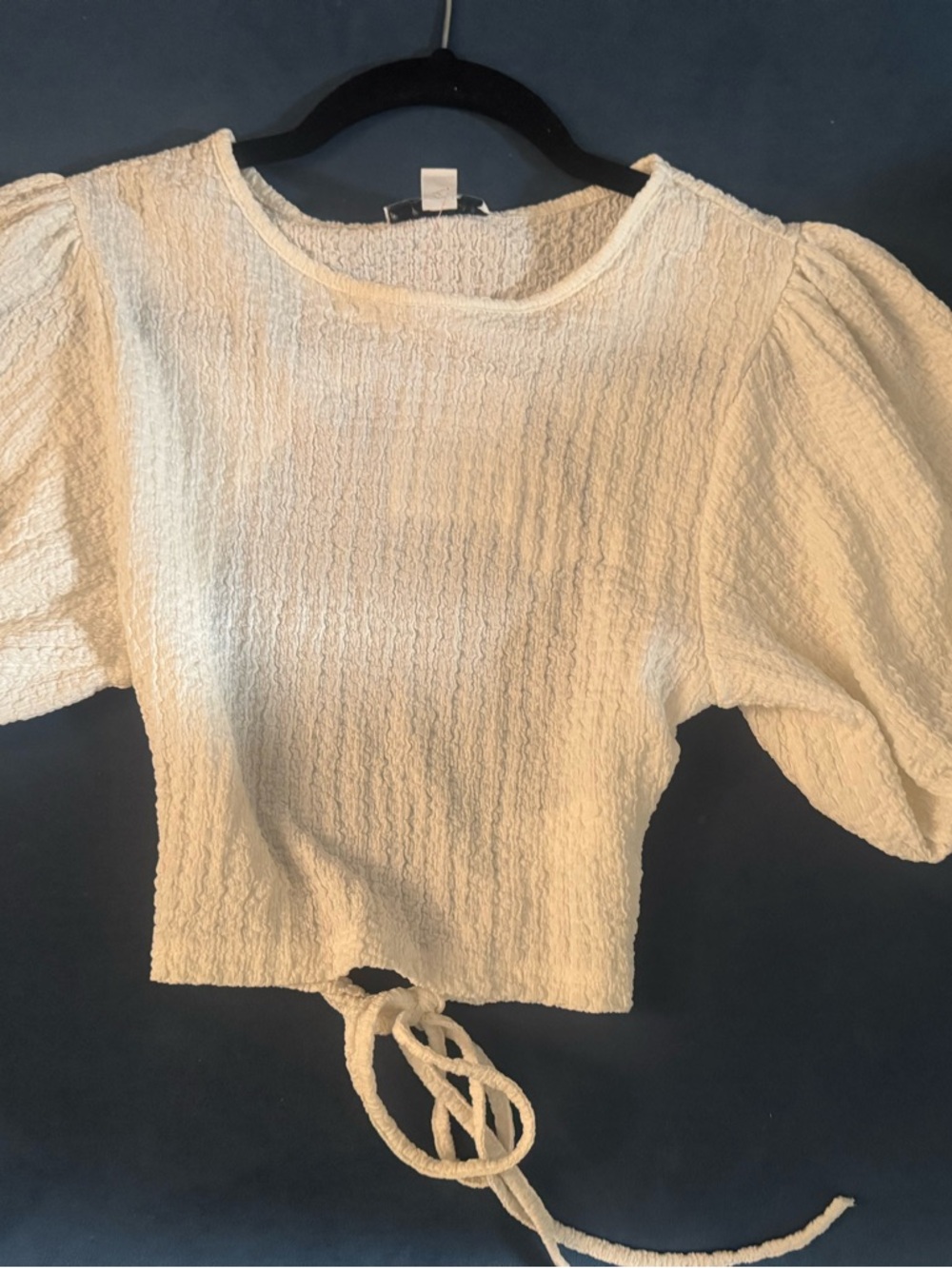 Topshop Cream Textured Puff-Sleeve Tie-Waist Crop Top